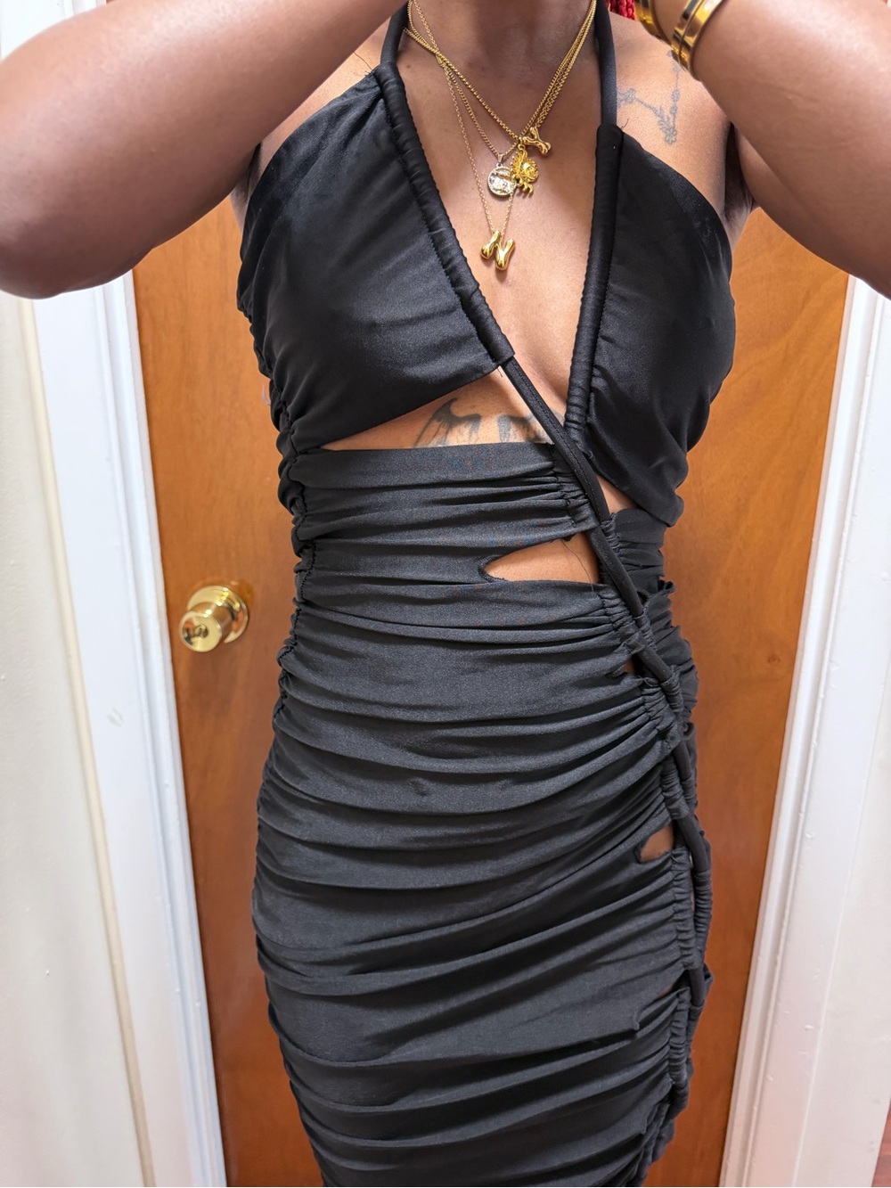 Black Ruched Cutout Halter Dress